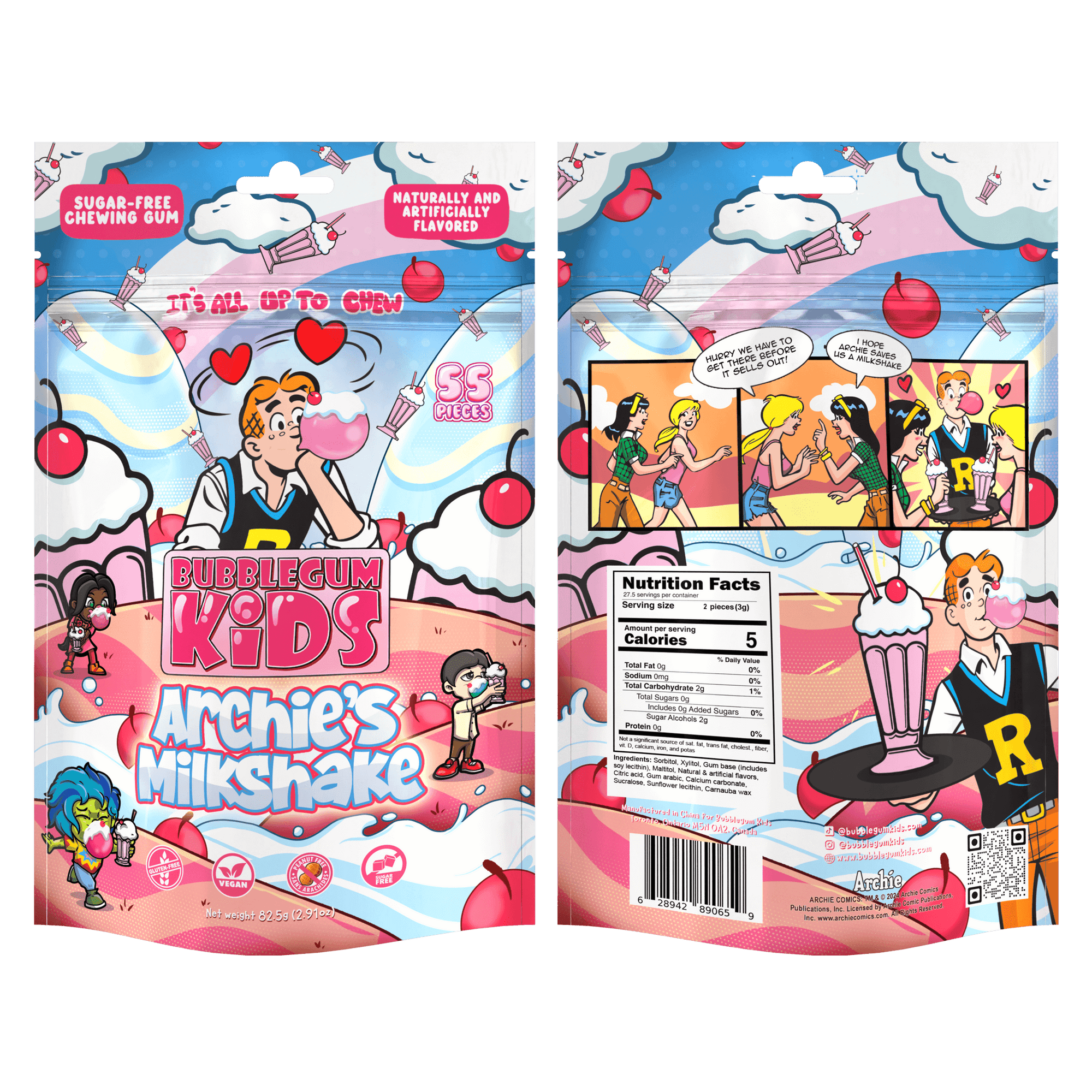 Archies Milkshake Gum by Bubble Gum Kids, Official Collaboration, packaging front and back