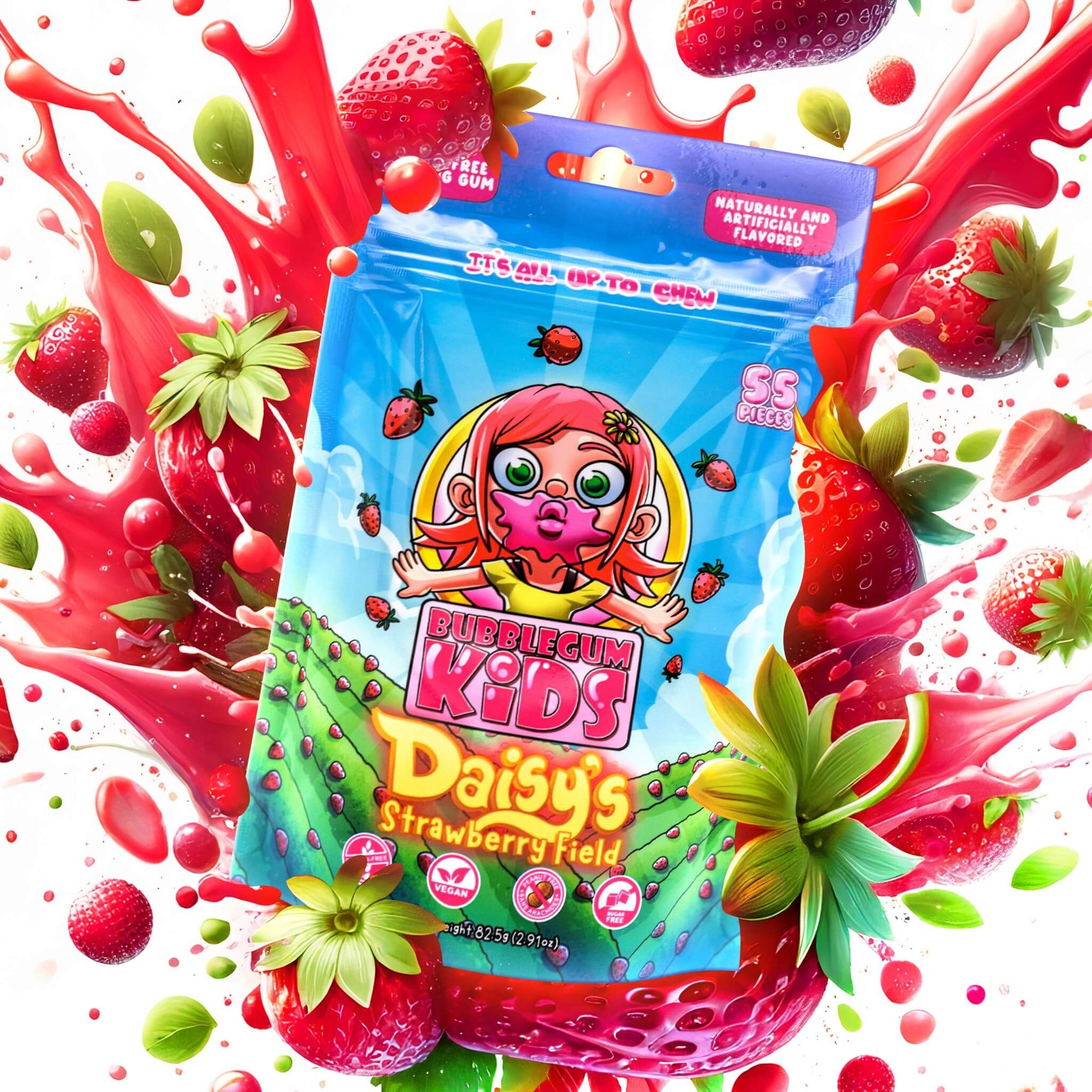 Daisy's Strawberry Field pack with strawberry splash background