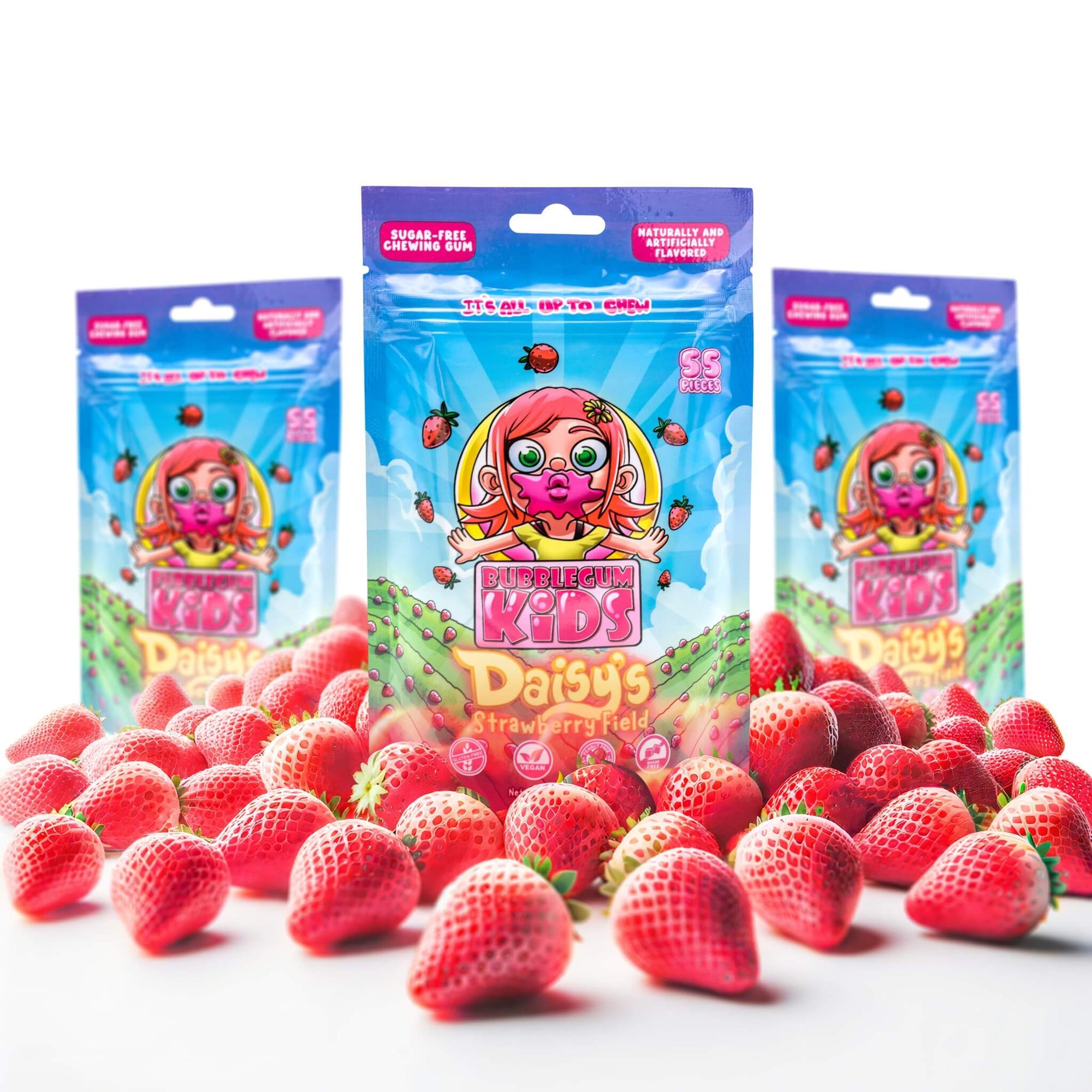 Three packs of Daisy's Strawberry Field with strawberries