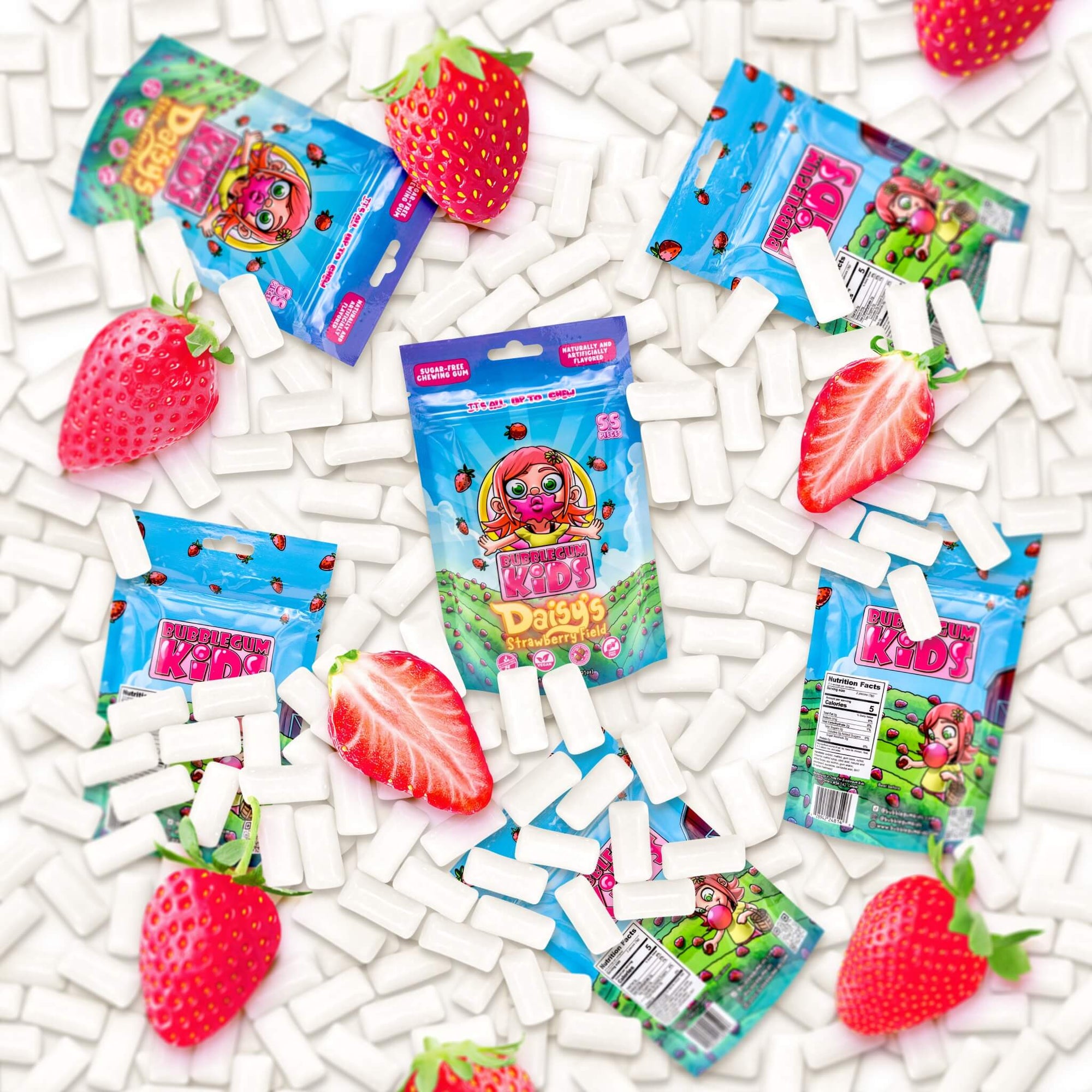 Packs of Daisy's Strawberry Field with pieces of gum and strawberries