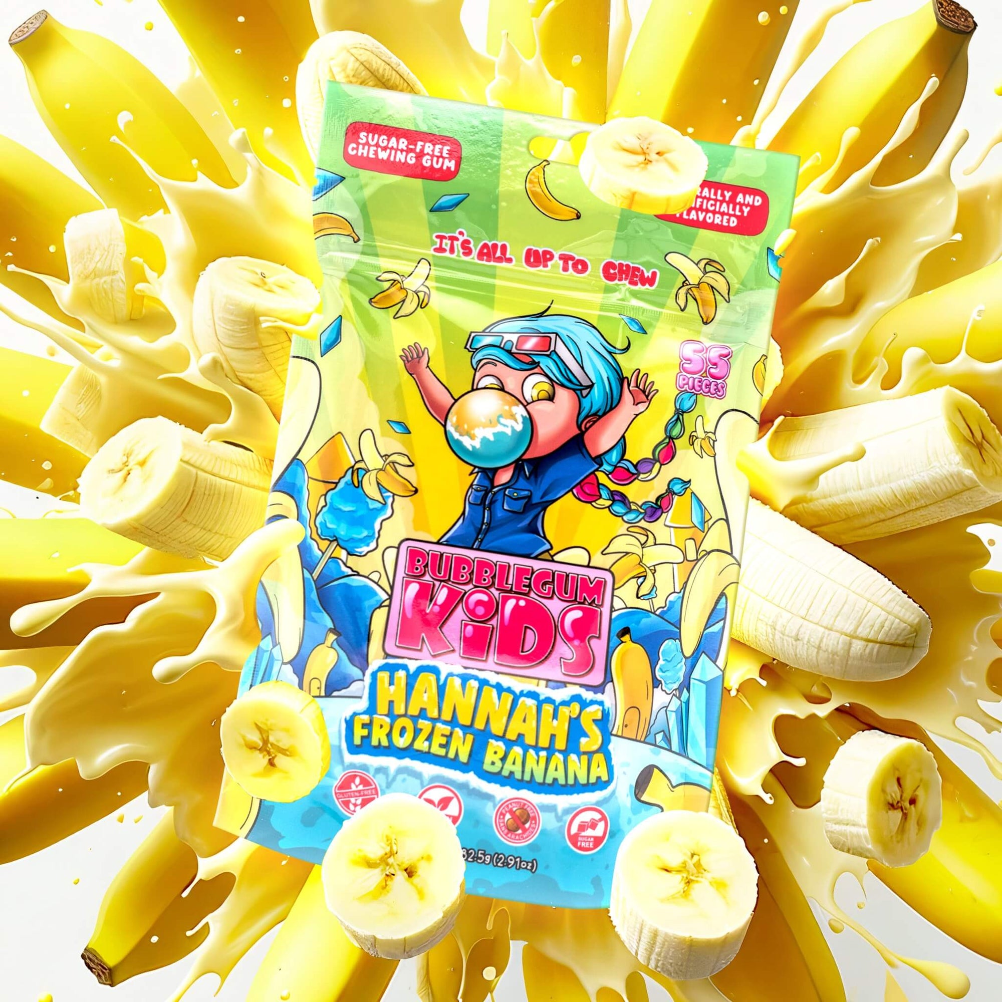 Pack of Hannah's Frozen Banana with banana explosion background