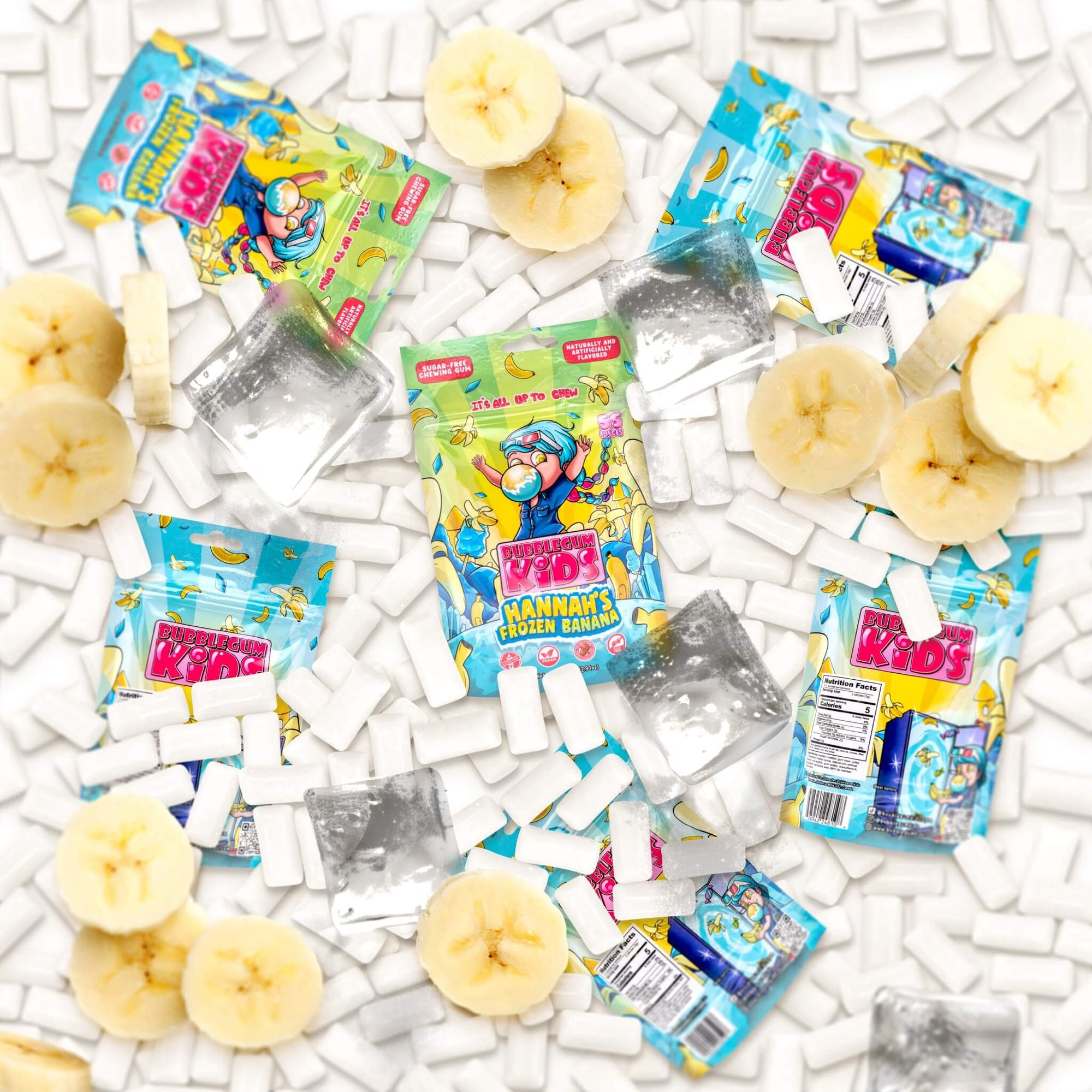 Packs of Hannah's Frozen Banana with pieces of gum and banana slices