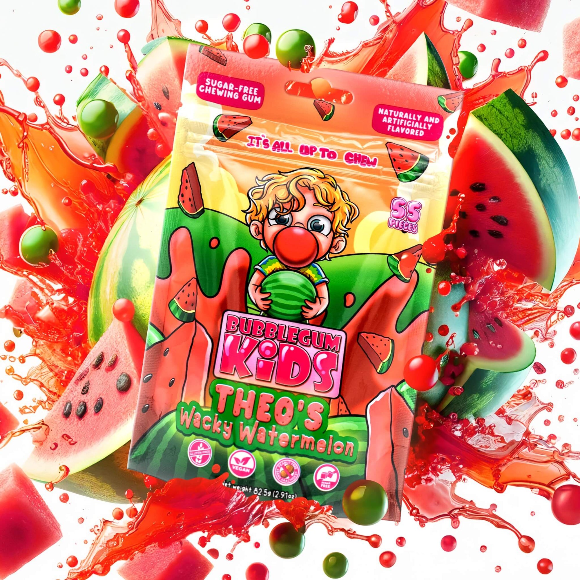 Pack of Theo's Wacky Watermelon with watermelon explosion background