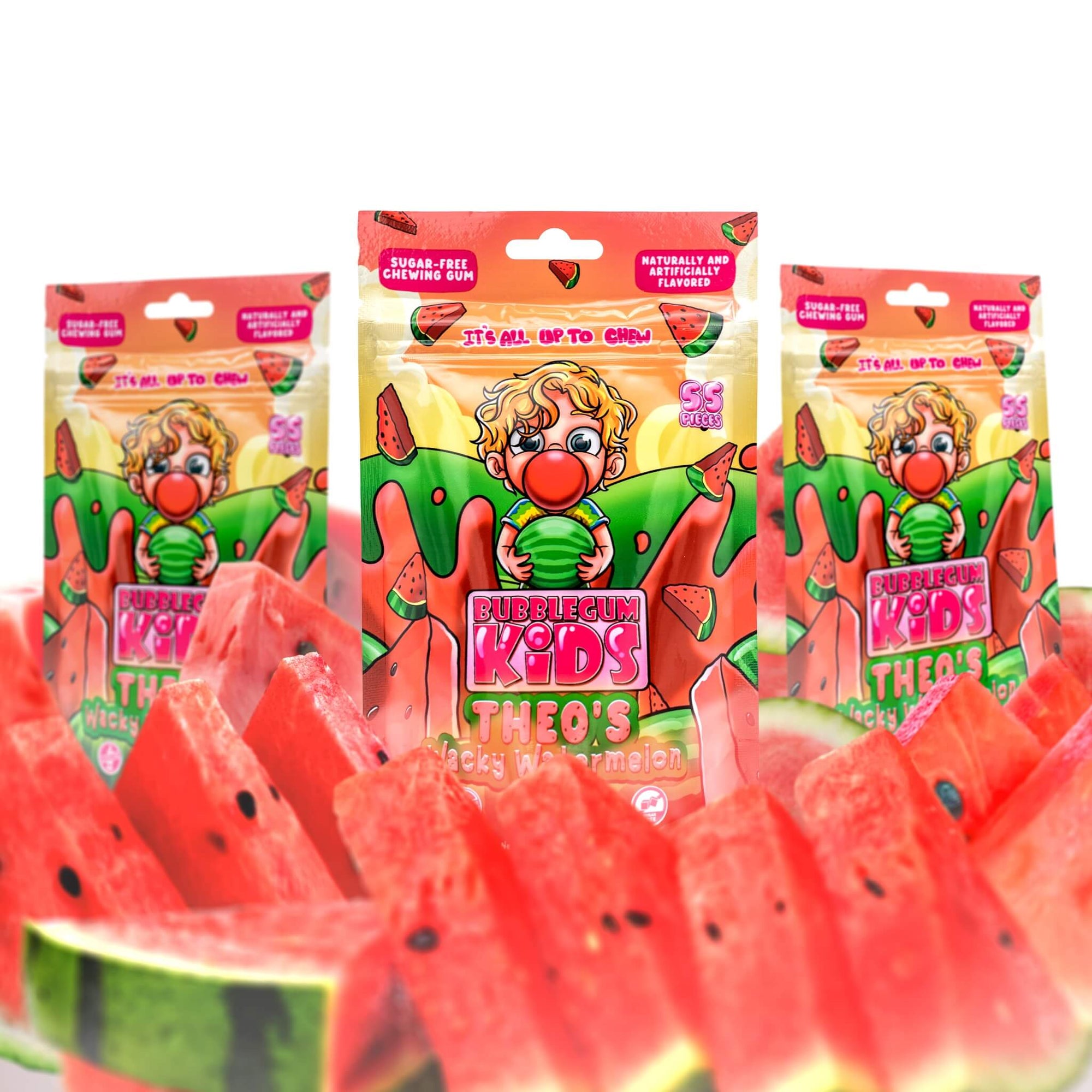 Three packs of Theo's Wacky Watermelon with watermelon slices