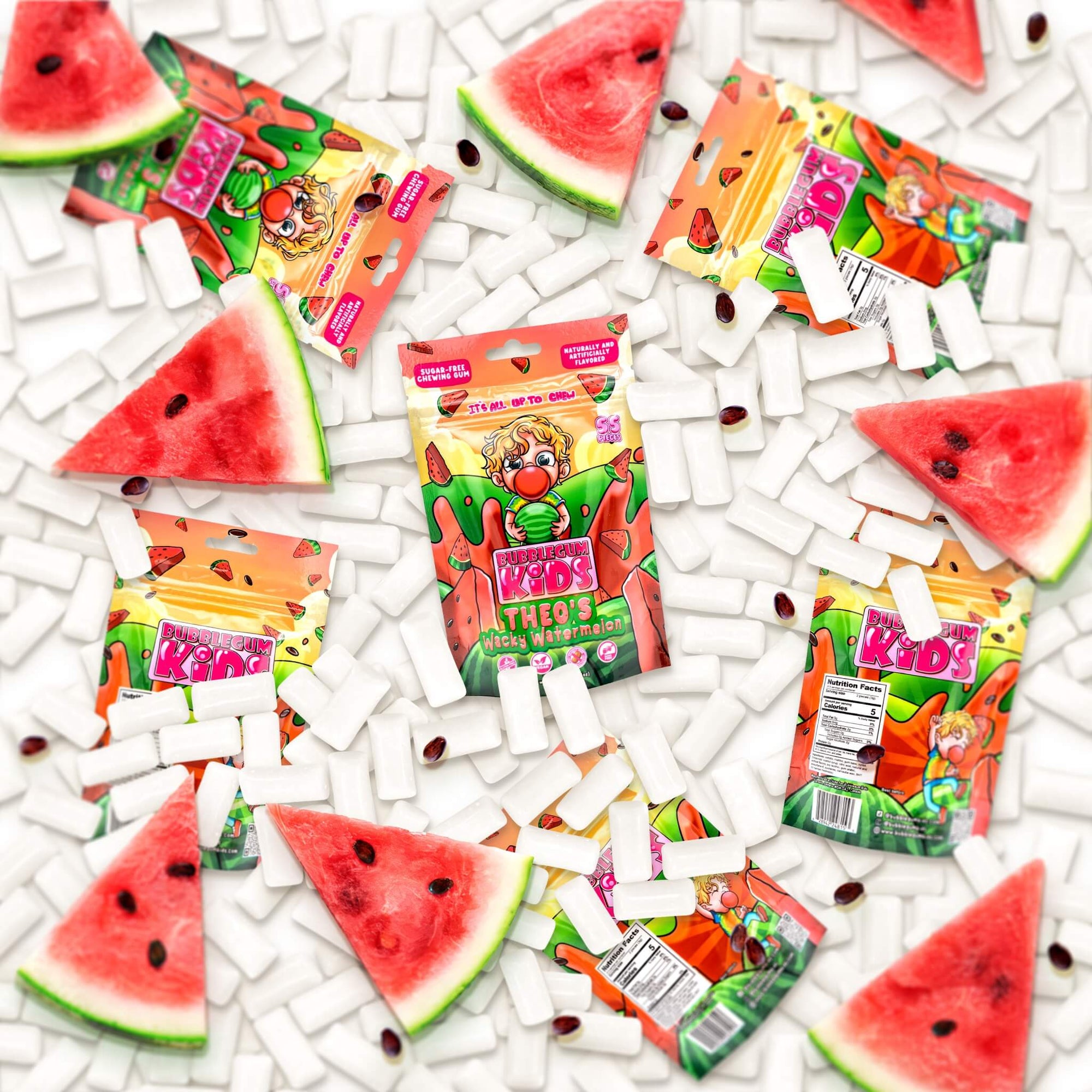 Packs of Theo's Wacky Watermelon with pieces of gum